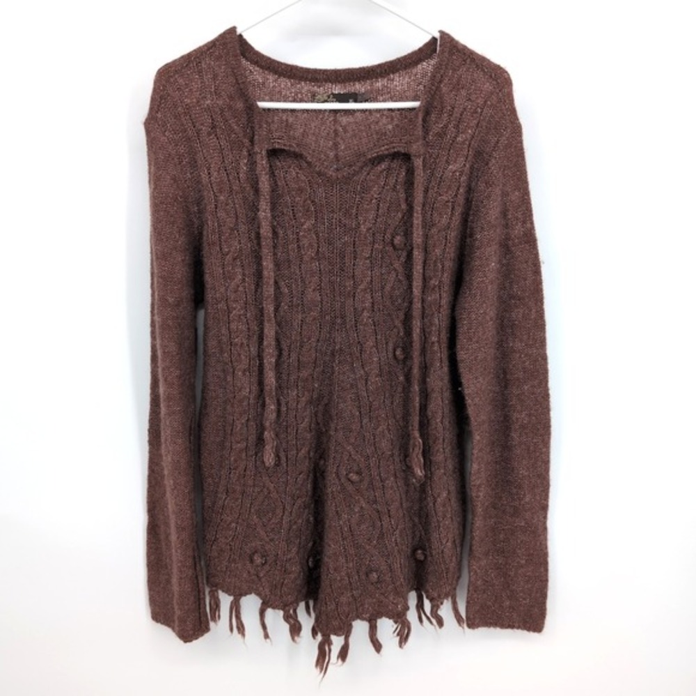 Prana Sweater‎ Brown Cable Knit Fringe Hem Womens XL